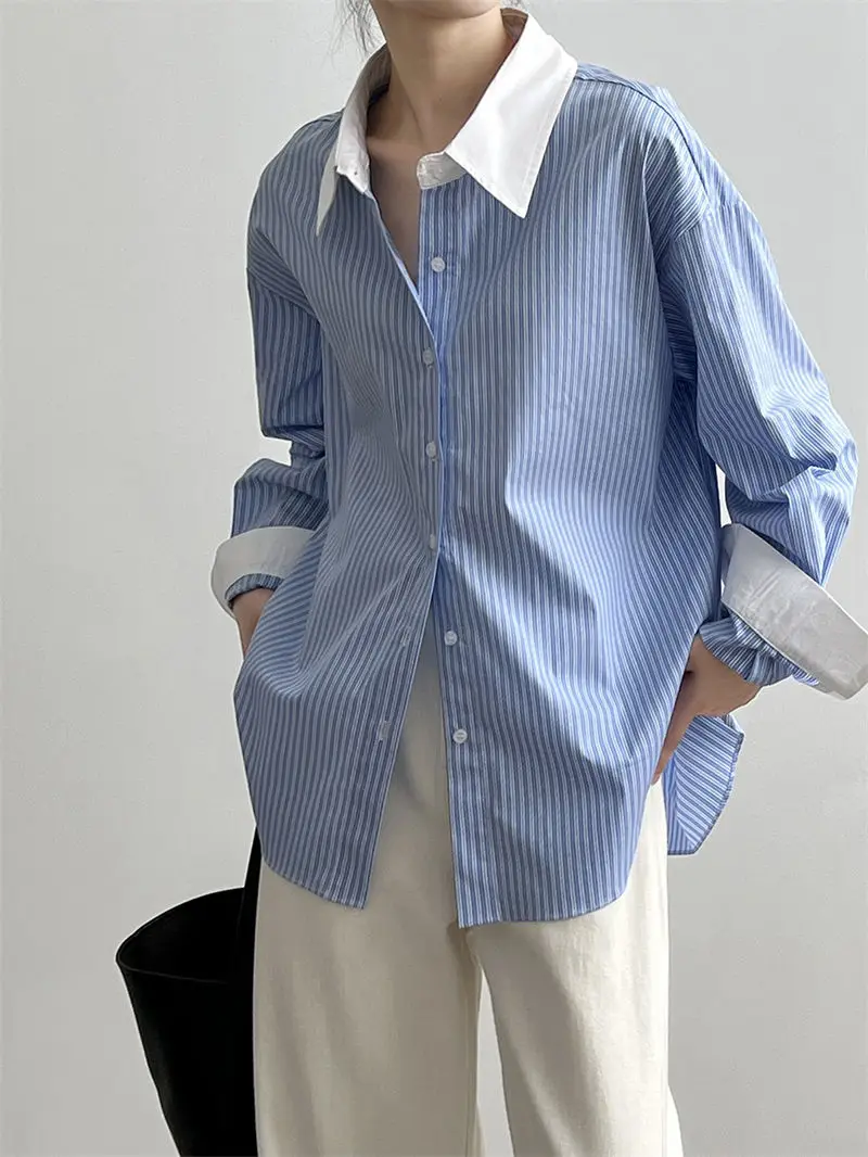 

Loose Blouse Women Blusas Mujer De Moda 2025 Verano Elegantes Contrast Blue White Striped Shirt Office Lady New Shirts