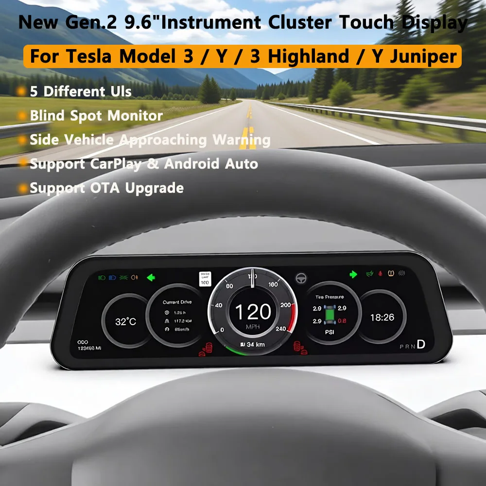 Gen 2 9.6inches Instrument Display for Tesla Model Y 3 YL Blind Spot Reminder OTA Upgrade New Model 3 New Y Juniper Dashboard