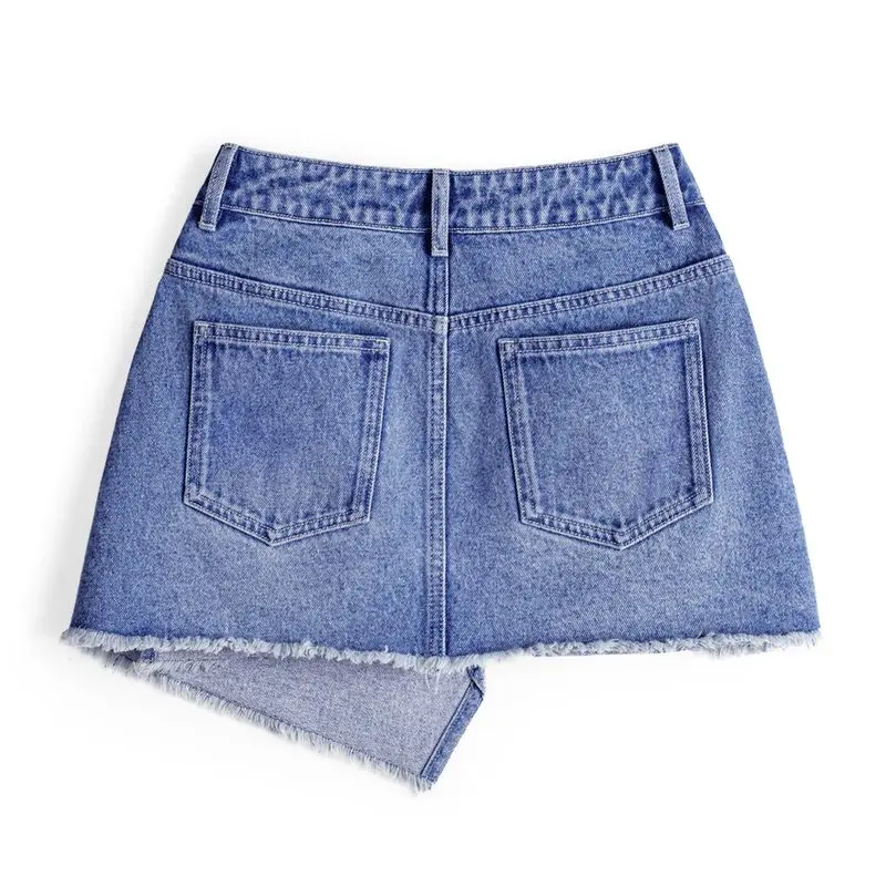 

Maden Vintage Washed Blue Denim A-Line Skirt Women Summer Asymmetrical Raw Hem Button-Front Mini Skirt Casual Denim Short Skirt