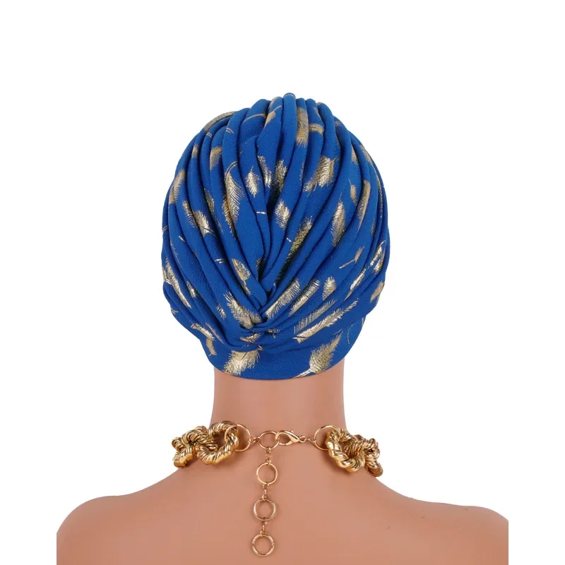 Turbante de plumas con estampado dorado para Mujer, gorro africano con volantes para la cabeza, pañuelo musulmán para la cabeza, sombrero para Mujer