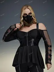 Rosegal plus size gótico camiseta preto painel do plutônio zíper ruched fishnet fora do ombro alta baixa topos primavera outono manga longa camiseta