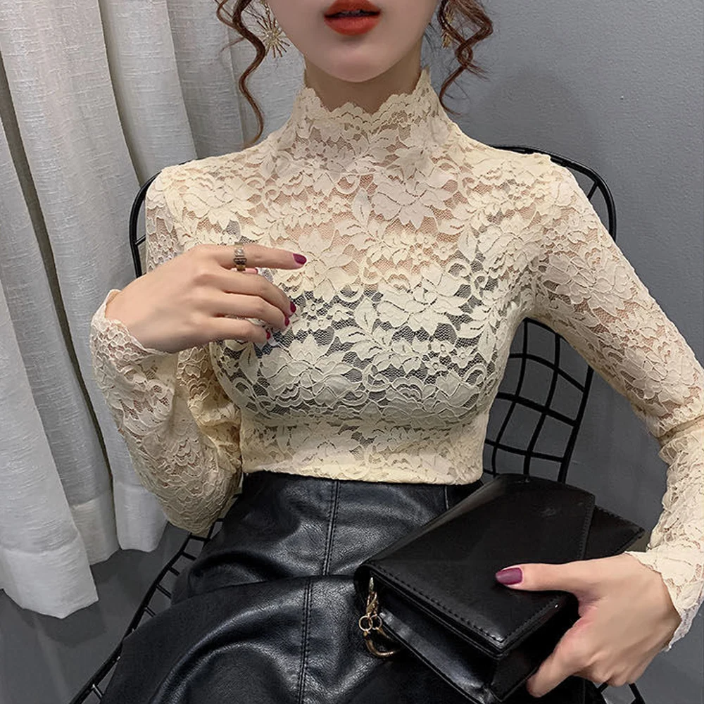 New Turtleneck Petal Sleeve Shirt Women Stretch Flowers Lace T Shirt Women Blusas Mujer De Moda S-2XL Size Tops Fashion Ladies