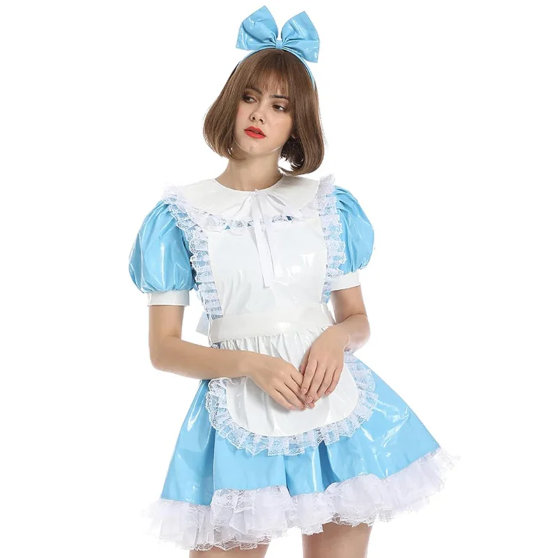 

French Sexy Adult Customized Fetishist Crossdressing Sissy Lapel PVC Independent Apron with Hairpin Dress