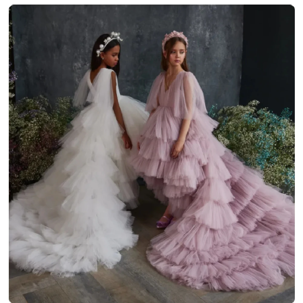 Robe de mariée en forme d'ange rose pour filles, tenue de princesse, en V, pour première communion, cadeau d'anniversaire pour enfants