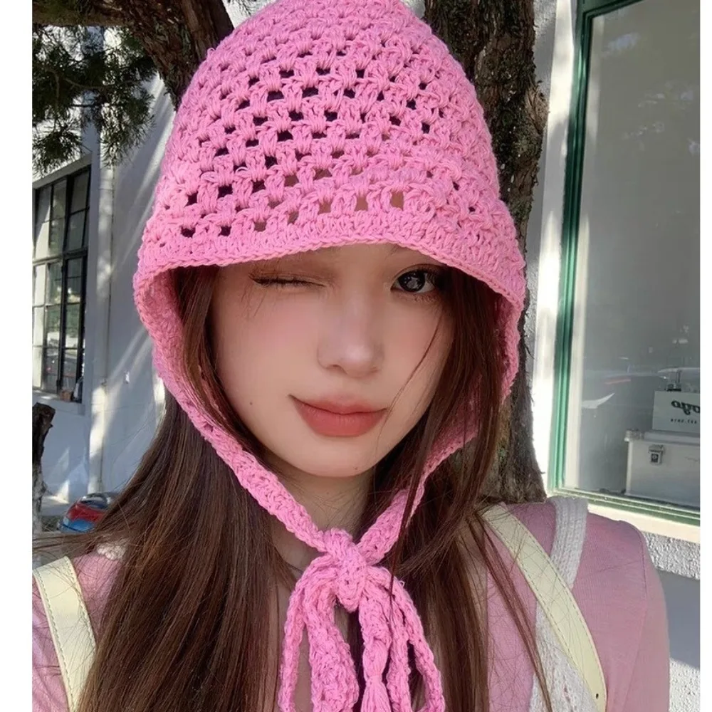 Handmade Knitted Woolen Hat for Student Girls Sweet and Cute Hand Hook Hollow Knitted Baotou Hat