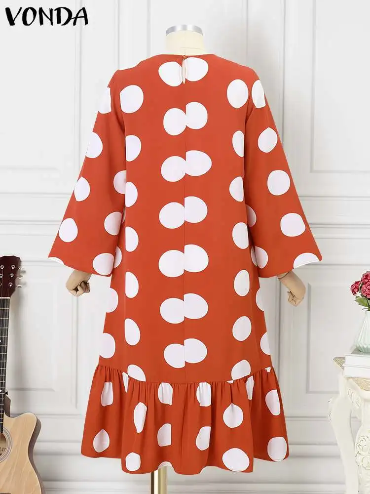 Women Vintage Sundress VONDA Bohemian Polka Dot Printed Midi Dress 2024 Summer Long Sleeve Party Casual Loose Ruffled Vestidos