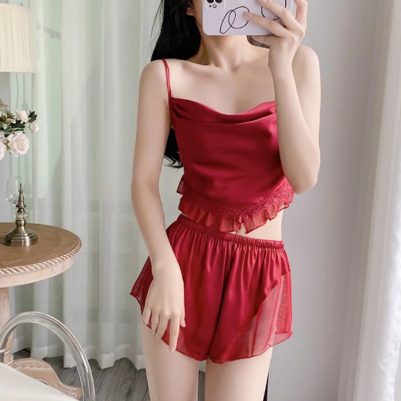 

2025 Summer Cotton Fabric Halter Short Pants Cool and Comfortable Pajama Set with Underwire Halter Style Home Wear Pajamas