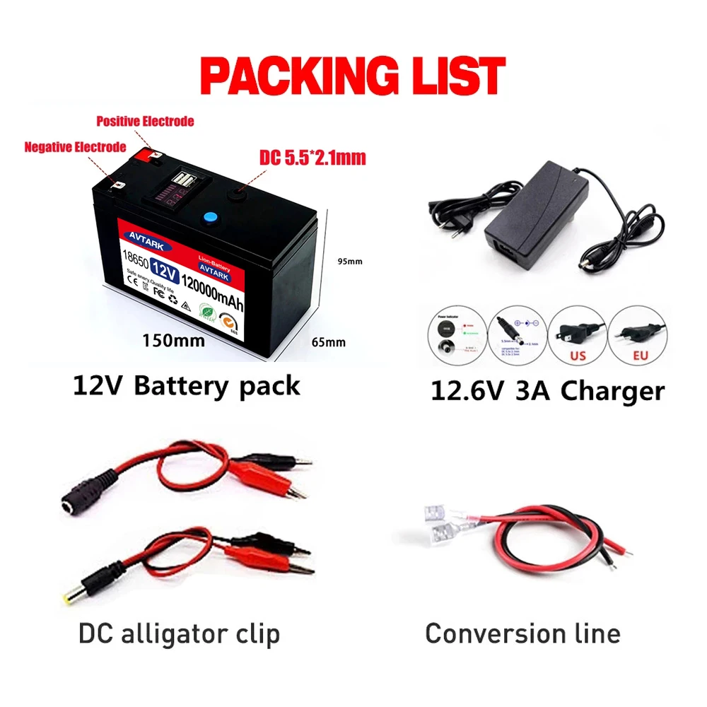 Batterie Rechargeable Portable 12V, 2023 mAh, mise à niveau 120000, 5V, 2,1 a, Port de chargement USB avec chargeur 12.6V intégré