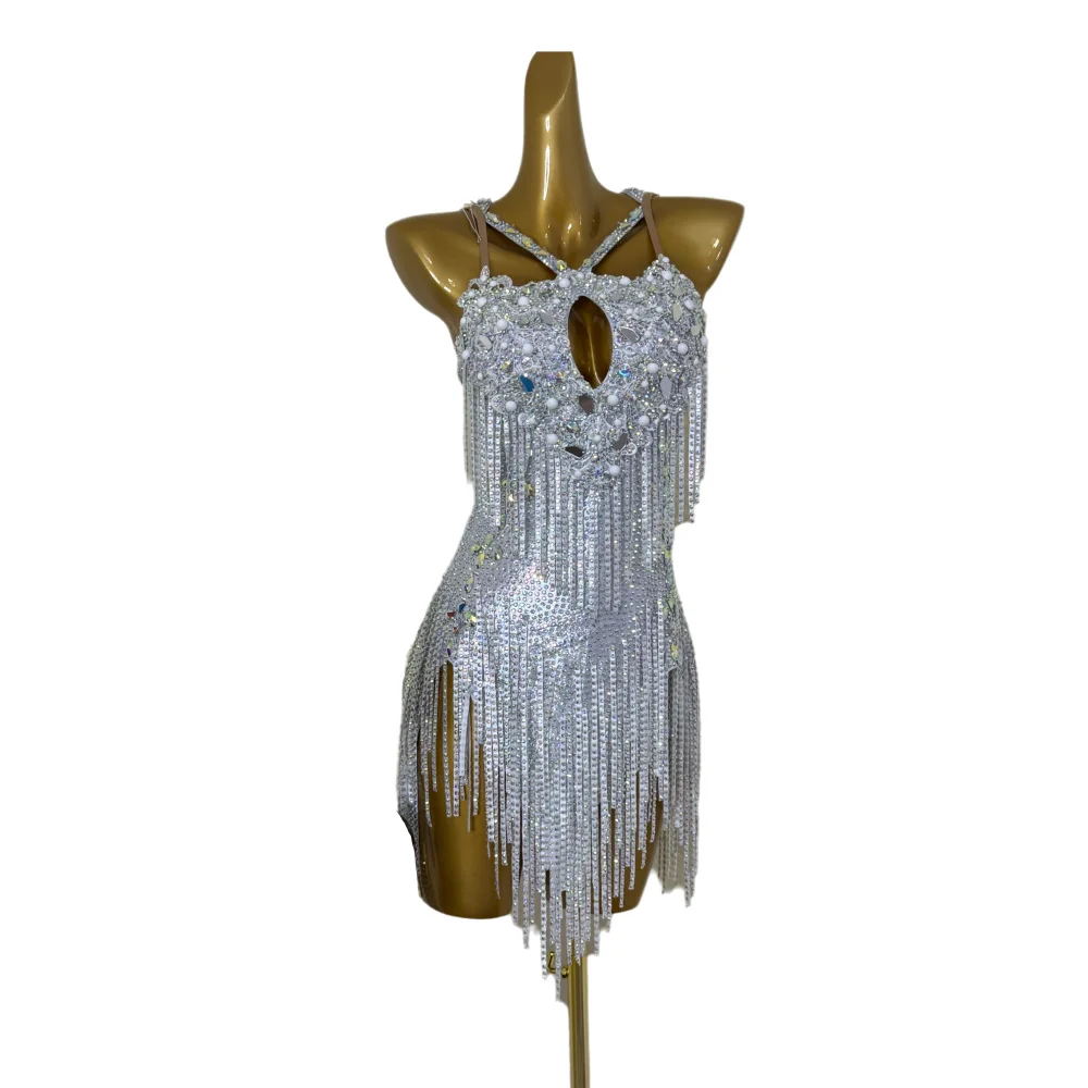 Robe de danseuse latine pour enfants et adultes, haut de gamme, personnalisée, armure argentée, Tango Samba AB, robe de spectacle en pierre