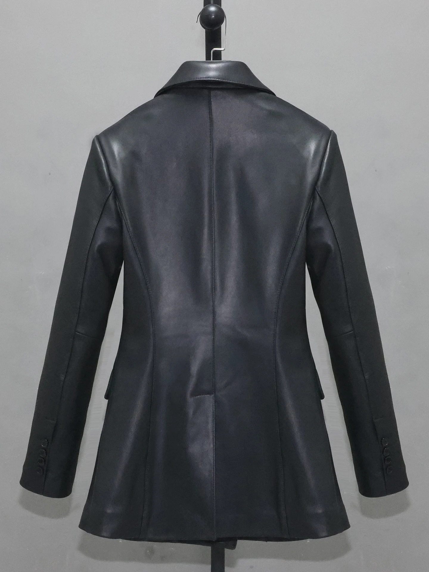 Giacca Casual Slim Fit in Vera Pelle a Doppio Petto con Spacco, Top Layer in Pelle di Pecora, Cappotto in Vera Pelle per Donna, Stile Professionale Giovanile