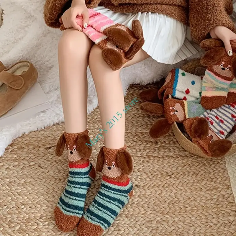 e15f الكرتون الكلب الحرارية الأذن الجوارب الشبهة الفخامة أفخم نوم داخلي دافئ ارتداء الطقس البارد الراحة للنساء