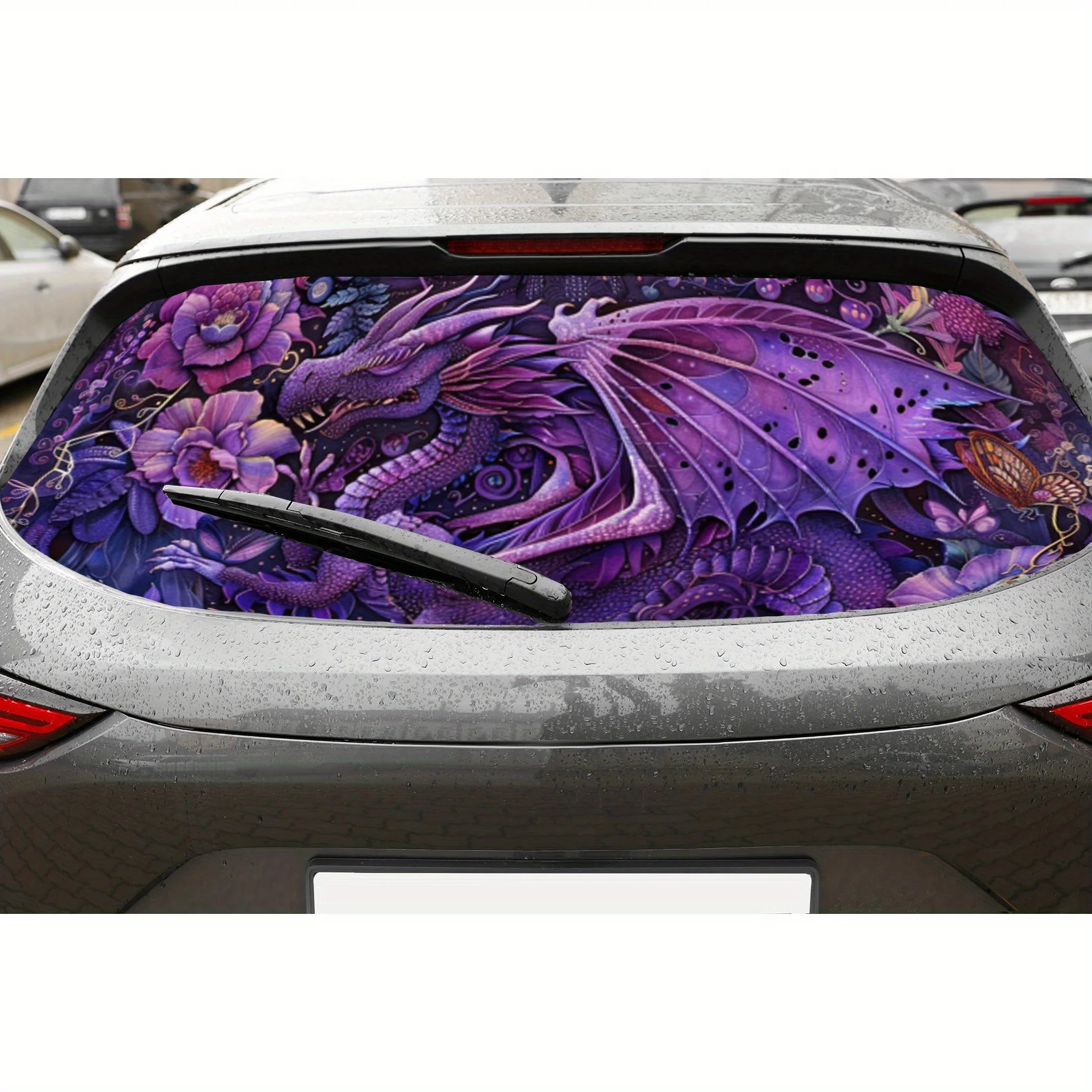 

Trendy Purple Giant Dragon Floral Butterfly PVC Perforated Car Vinyl Wraps, Durable Car Rear Windshield Sticker, Waterproof Car