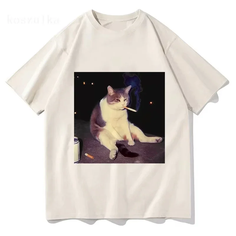 Vintage Cigarette Kitten Funny Smoking Cat Meme Stupid Brainrot Graphic T-Shirt Men Women T-shirts Cotton Casual T Shirt