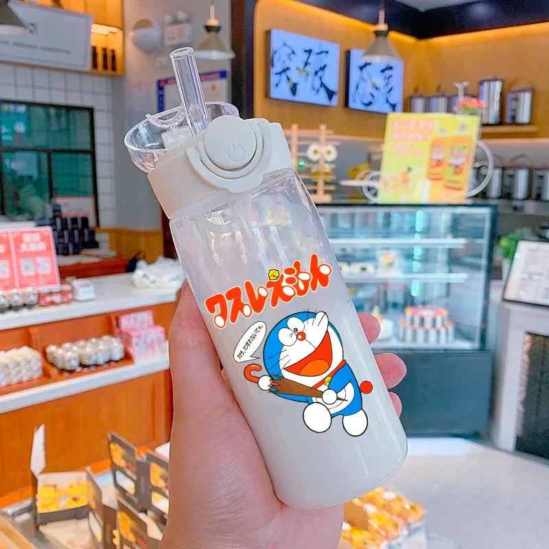 Doraemon Straw Cups Bottles 600ml 400ML HelloKitty Cute Scene Transparent Plastic Anti Drop Water Bottle for Children Students