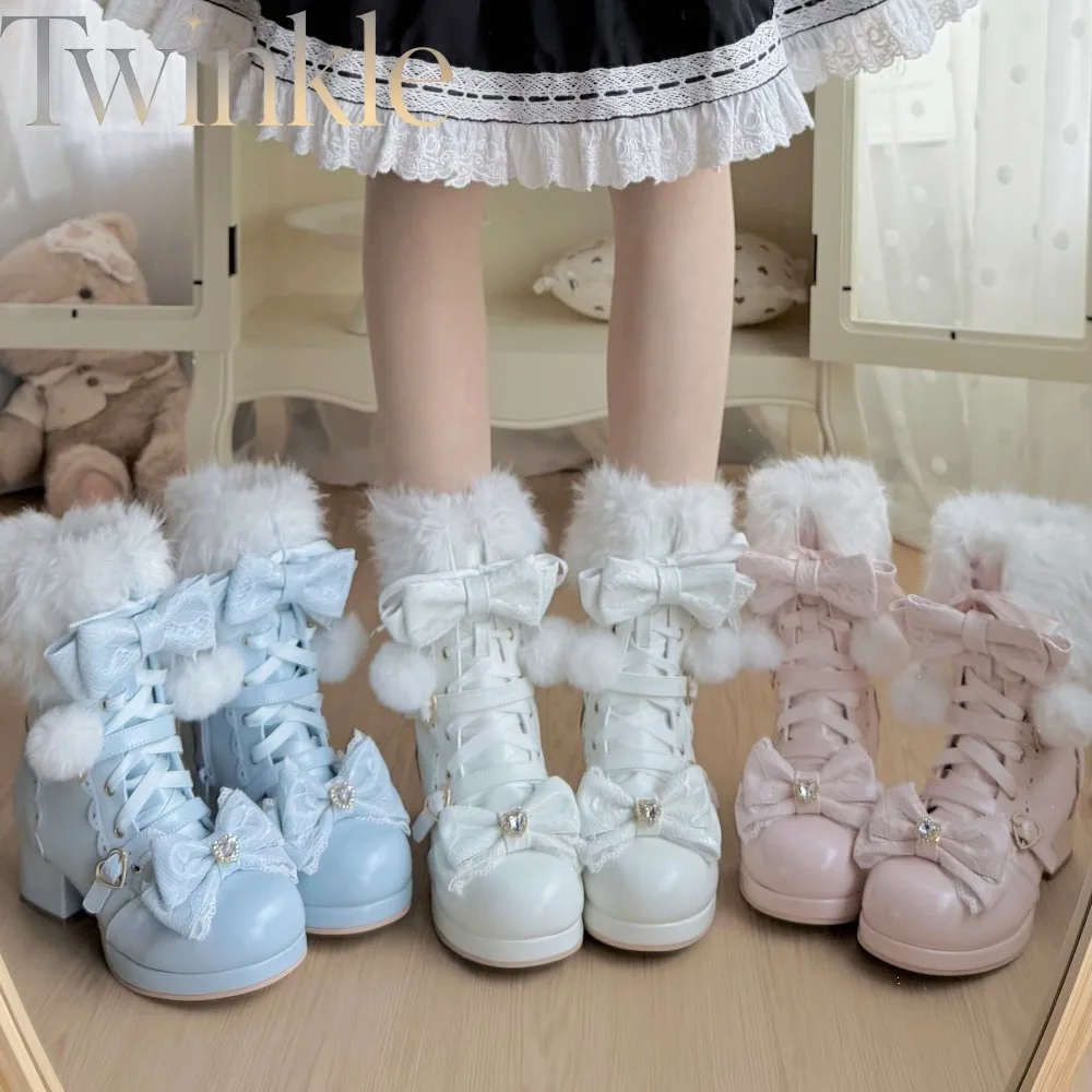 Sweet Cute Lolita Fluffy Boots Women Versatile Mid Heel Autumn Winter Kawaii Japanese Plush Faux Fur Footwear