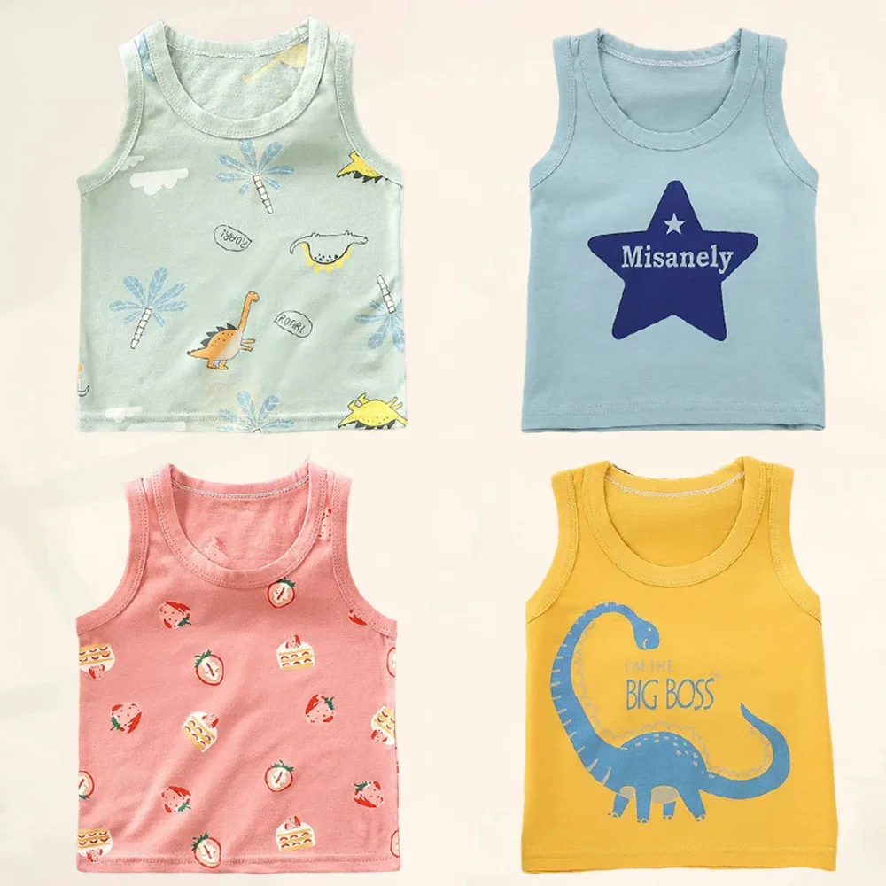 Baju Tank Top anak-anak musim panas kaos anak-anak katun bersirkulasi tanpa lengan pakaian atasan rompi pakaian kartun anak laki-laki perempuan 0-7 tahun