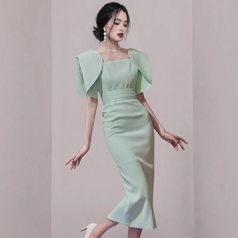 

New Runway Elegant Women Square Collar Sheath Dress Fashion Summer Green Ruffles Sleeve Ladies Office Bodycon Split Long Dresses