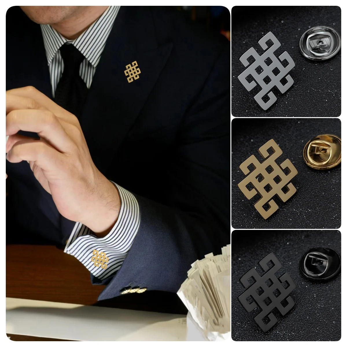 Men's Punk Brooch, classic Chinese knot symbol Stainless steel Badge Pin Brooch on Gothic pair accessories