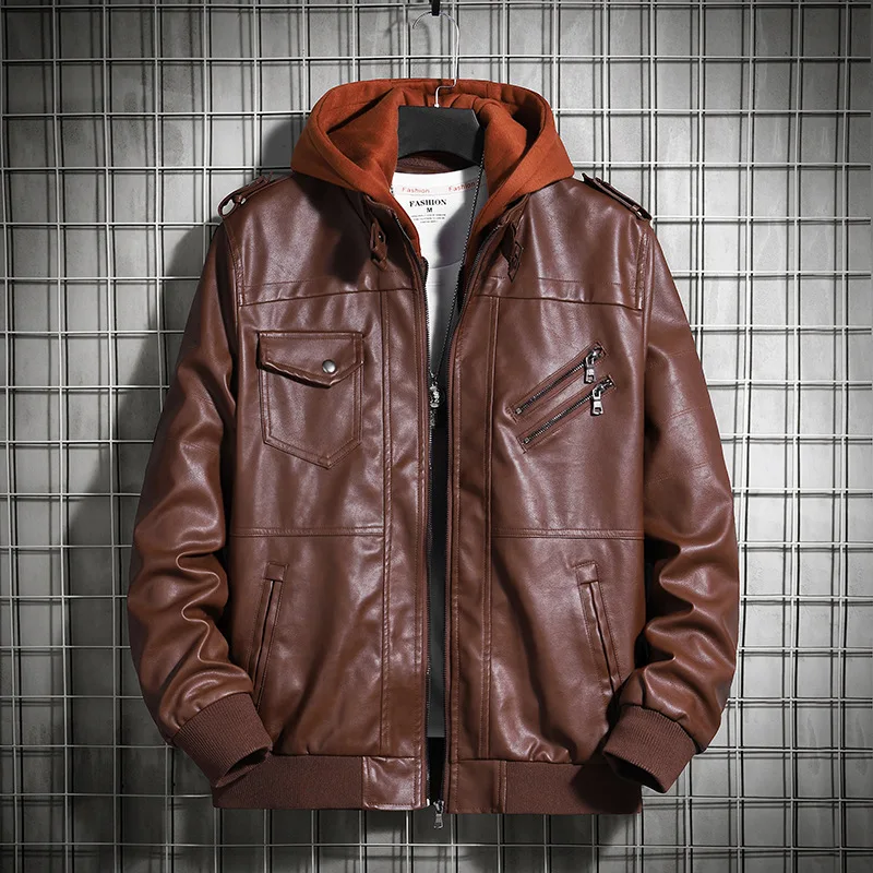 Hooded Jacket For Men, Winter Large Size European And American Style Coat, Youth Outerwear, Men's Motorcycle Leather Coat