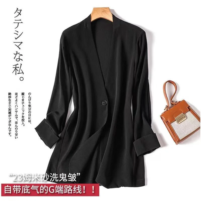 Primavera verão preto fino jaqueta de seda feminina um botão manga longa blazer casaco solto decote em v escritório senhoras outwear