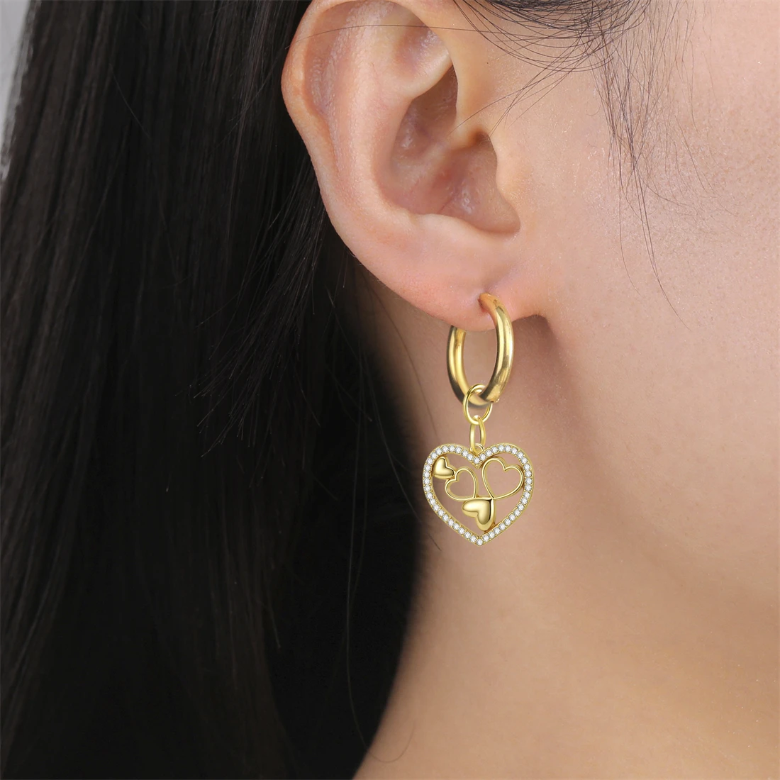 Eueavan Strass-Mehrfachherz-Ohrhänger aus Edelstahl mit 5 Hohlen Herzen für Frauen, Romantischer Schmuck als Geschenk – Detail 18