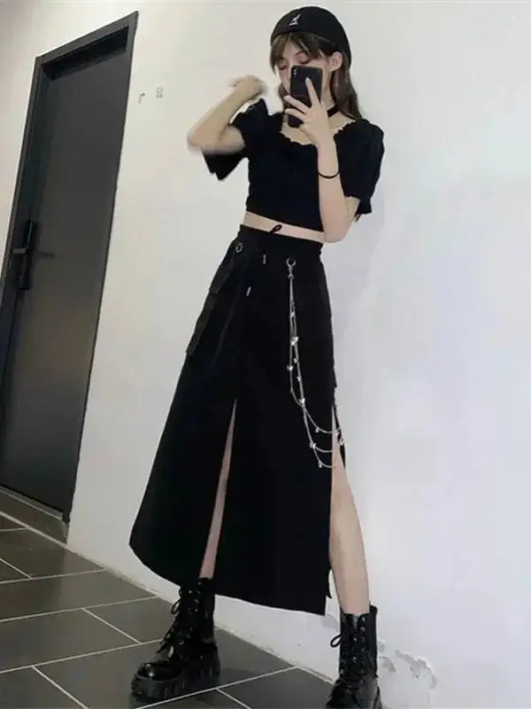 2025 New Spring Autumn Women Skirt Fashion Korean Style Black Long Skirts With Chain Side Slit Hip Hop Streetwear Plus Size 5MQY