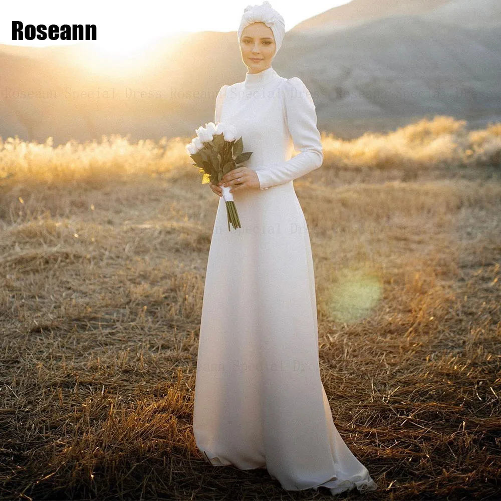 Muslim Exquisite	2024 High Collar A-line Wedding Dresses Ruffle Button Satin Floor Length Bride Dress Brush Train robe de mariée