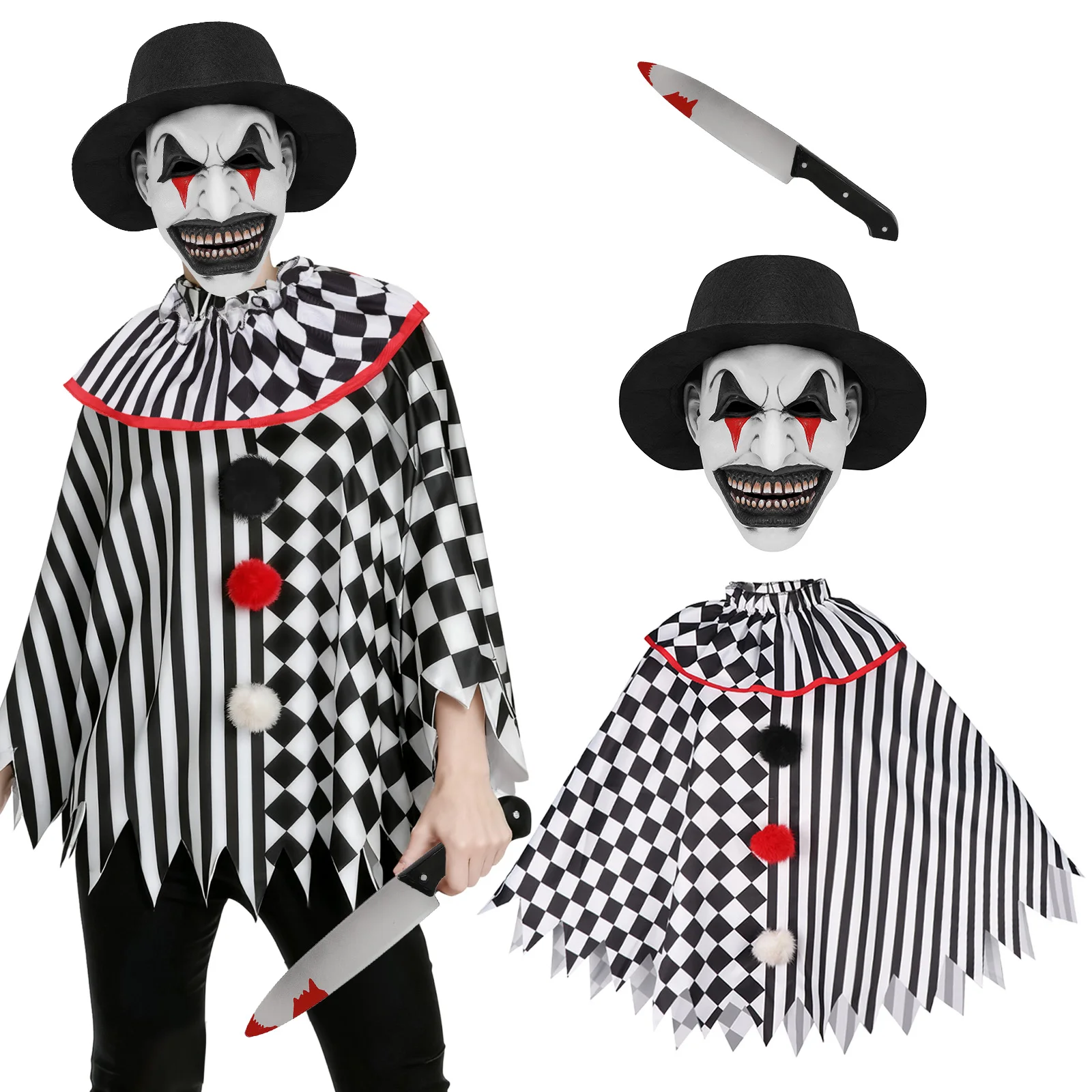 

Scary Clown Cloak Costume Adult Creepy Killer Smile Mask with Hat Knife Sets Halloween Cosplay Evil Demon Costume Accessories
