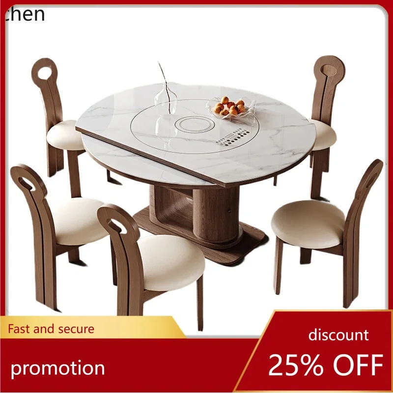 HT retro solid wood rock slab dining table embedded with warm vegetable turntable modern simple folding round table