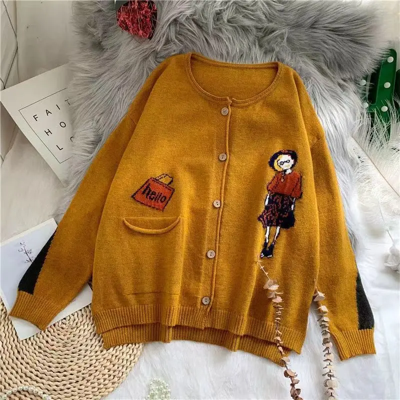 2024 Autumn New Sweater Jacket Women\'s Retro Little Girl Jacquard Versatile Knitted Cardigan Women\'s Lazy Thick Style