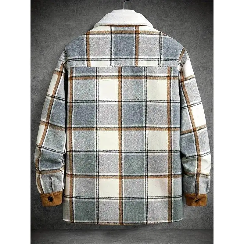 Men's Plaid Shirt Jacket Loose Fit Cotton PU Blend Short Sleeve CleanFit Style Summer Outerwear Patchwork Design Stand Collar