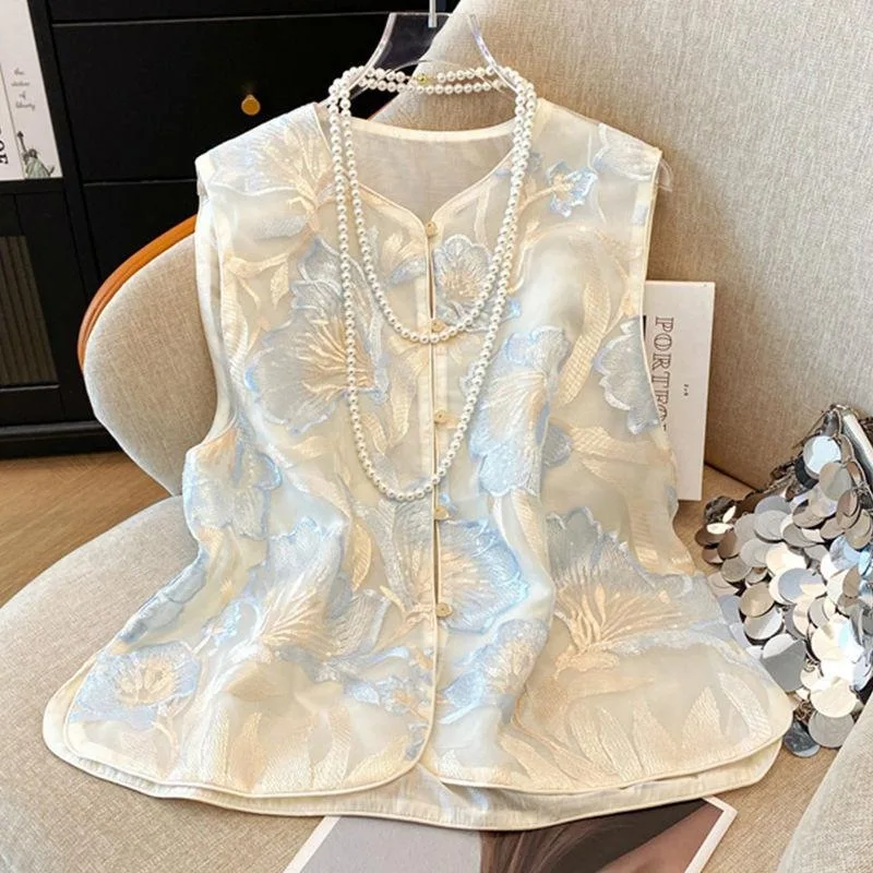 

New Chinese Style Embroidered Vest, Oriental Aesthetic Sleeveless Jacket, Lightweight Layering Piece for Women