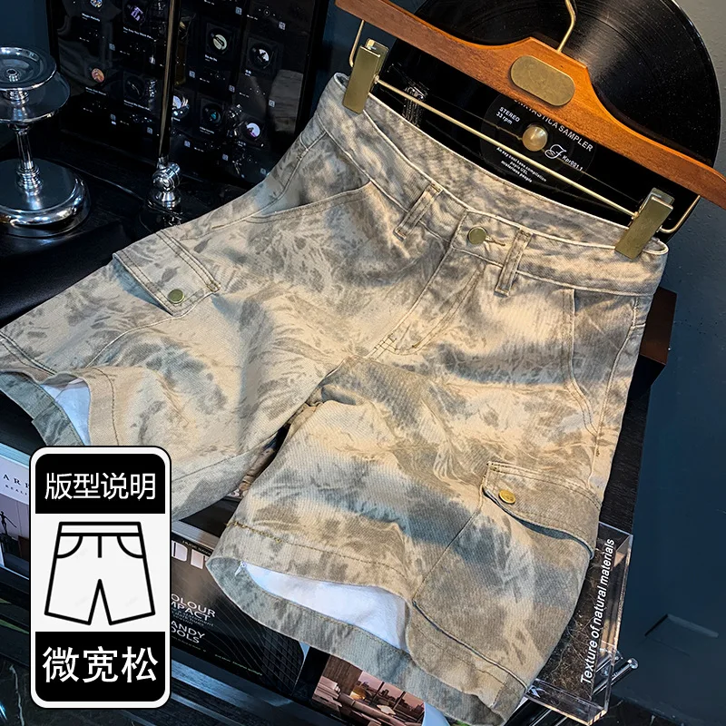 2024Summer New Desert Camouflage Denim Shorts Men's Loose Cargo Fifth Pants Casual Trend High-End Pirate Shorts