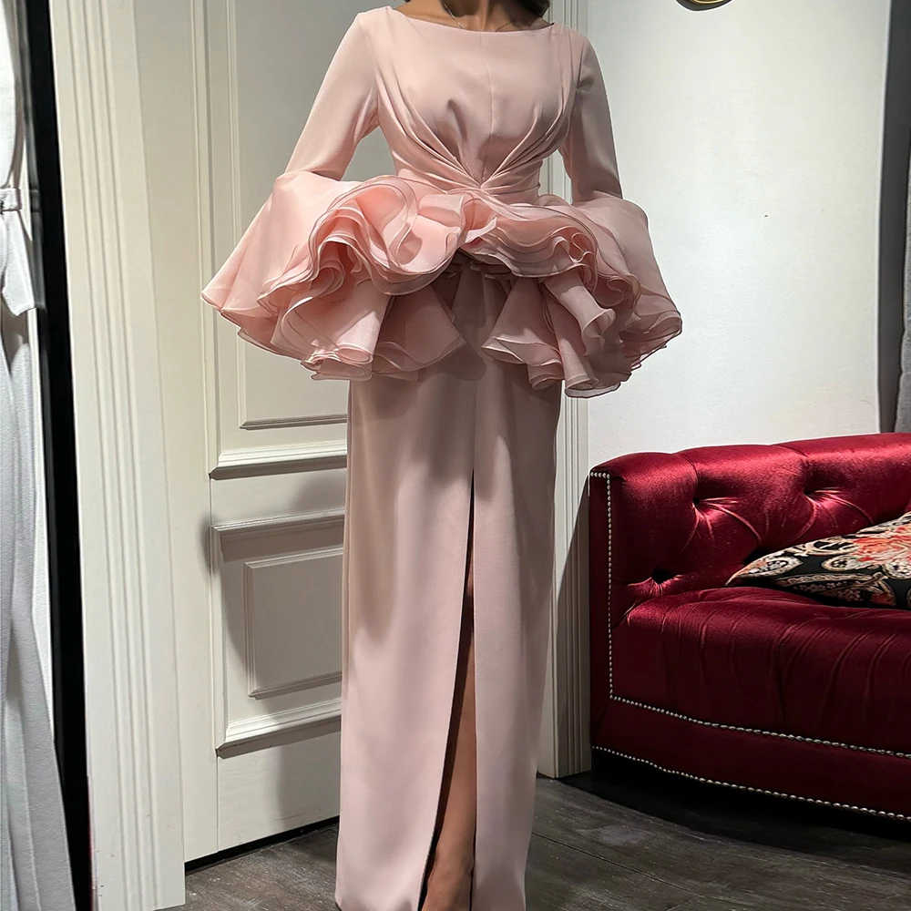 

Customized Straight Evening Dresses Floor-length Scoop-neck Full Sleeve Prom Gown Simple Fashion Pelat Tiered Ruffles Party Gown