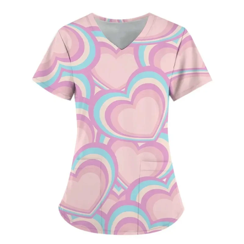 Women's Smile Heart Print Work Short Sleeve ShirtVCollarTShirt with pockets medical staff workwear clinical uniform