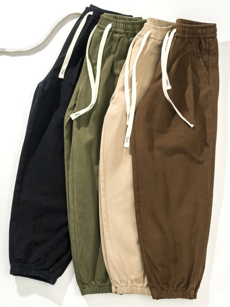 

Мужские хлопковые повседневные брюки свободного кроя с широкими штанинами, на шнурке, однотонные, дышащие, модные, для уличной моды, весна-осень