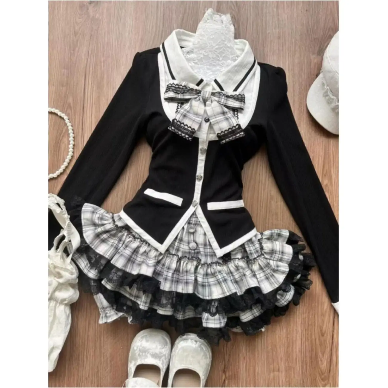 Autumn Preppy Style 2 Piece Sets Women Patchwork Bow Y2k Crop Blouse + Plaid Design Skirts Female Japanese Kawaii Chic Clothing