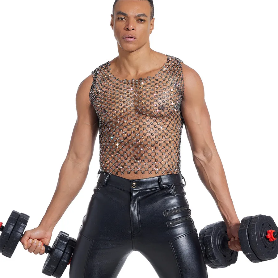 2026 الرجال الصيف الجوف خارج شبكة تانك القمم حجر الراين أكمام تي شيرت مثير الاتجاه سليم سترة تنفس الرجال العضلات تيز