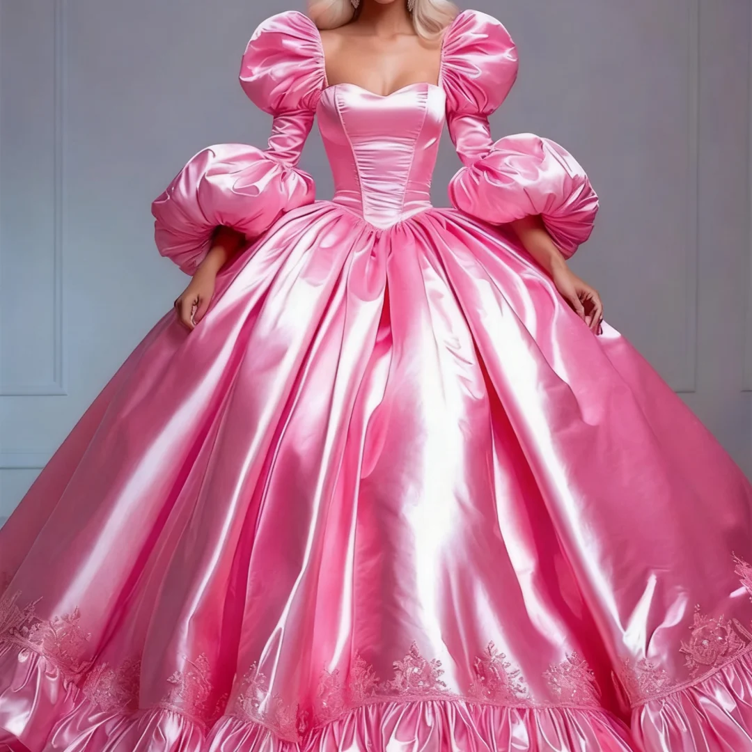 ชุดราตรีทรงเอไลน์จับจีบยาวกรอมพื้นสไตล์วิคตอเรียนหรูหราสีชมพู คอเหลี่ยม  ชุดออกงานสั่งตัดได้