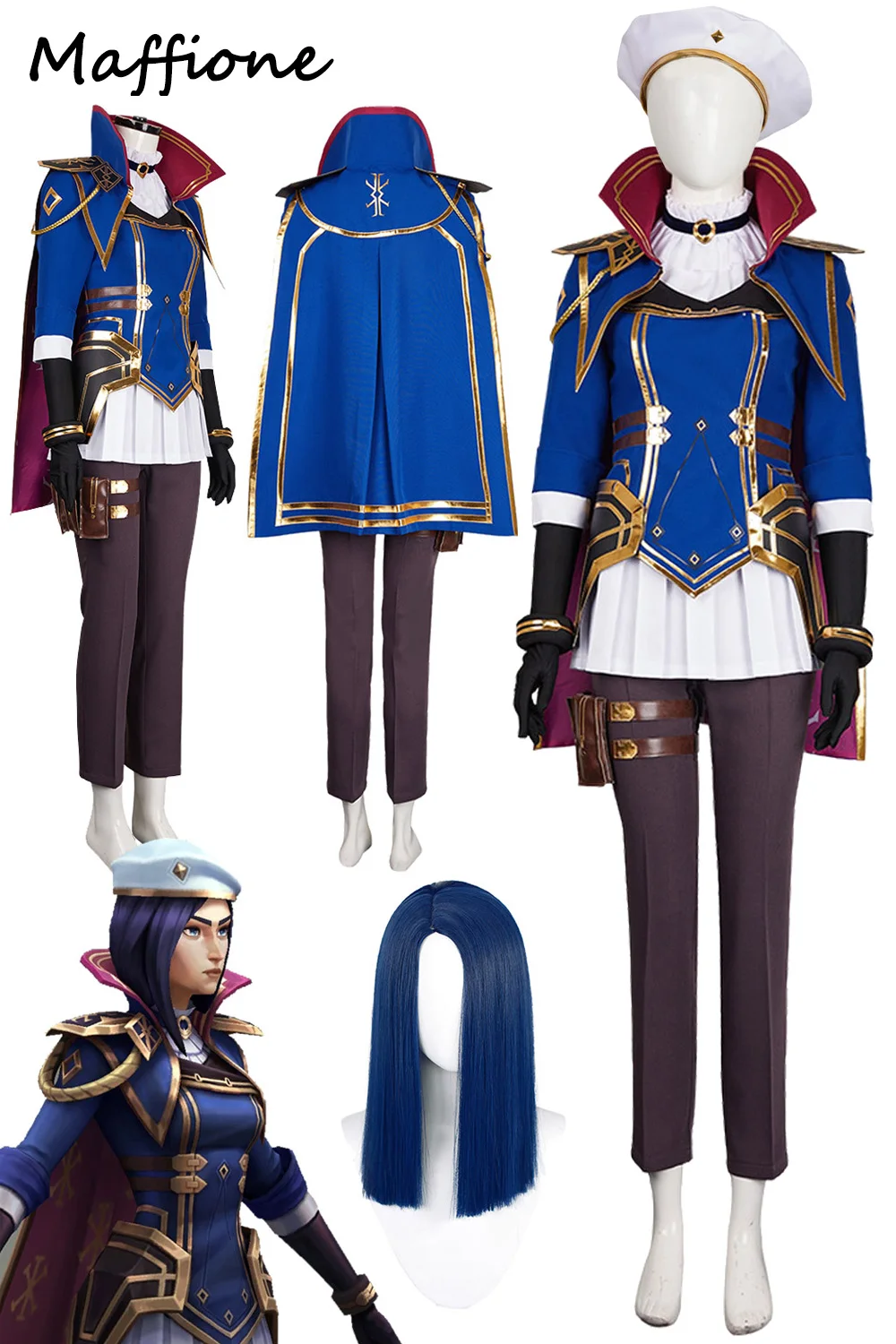 Arcane LOL Caitlyn Cosplay The Sheriff of Piltover Blue Costume Wigs Game LOL Role Fantasia Outfits Cloak Hat Full Set Halloween