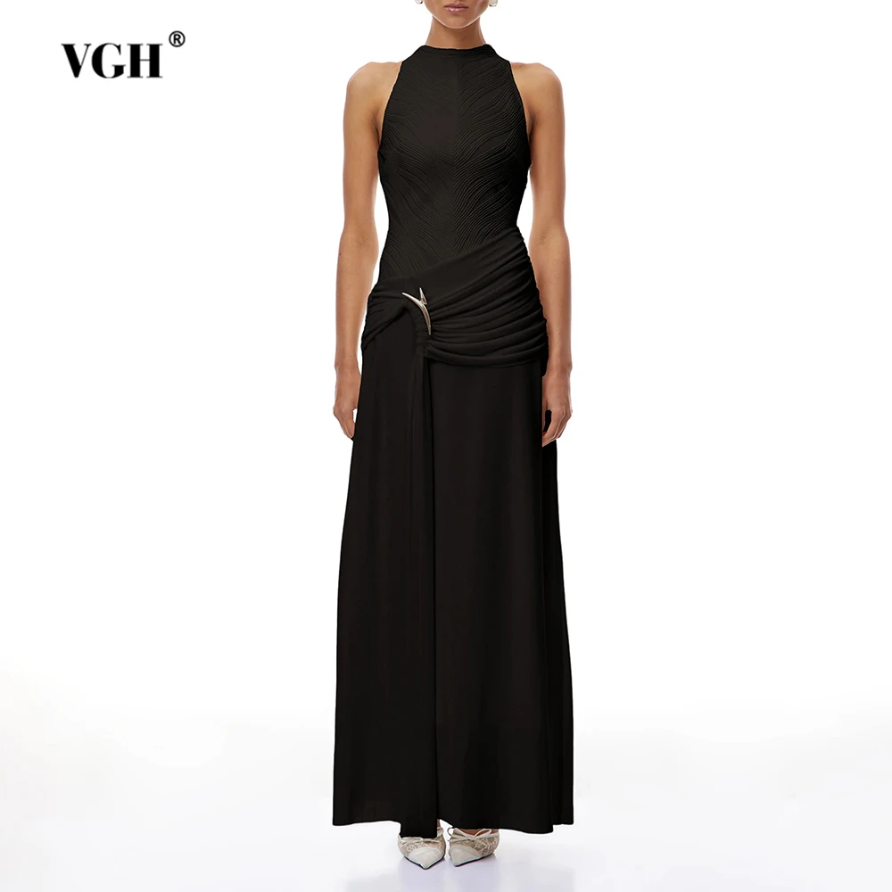 فستان VGH مثير بإبزيم معدني مرقع للنساء بياقة واقفة بدون أكمام وحفلات مسائية فساتين طويلة للسيدات