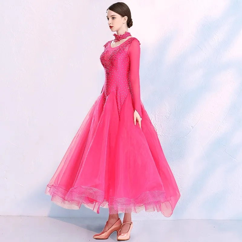 標準社交ダンスドレス女性赤長袖パフォーマンスダンススカートレディースタンゴワルツ社交競技ドレス