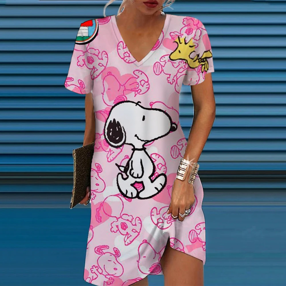 

Vintage Snoopy A-line V-neck Dresses For Women Spring Summer Slim Fit Loose Mini Skirt Fashion Female Clothing Elegant Sexy Dres