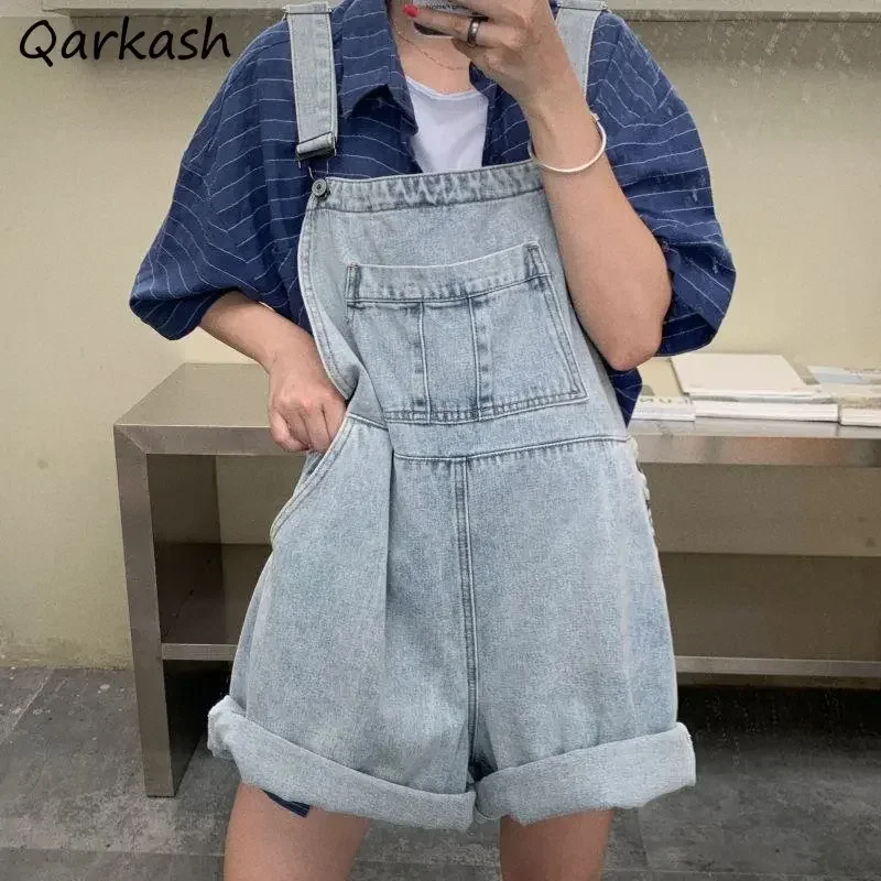 

Denim Rompers Women Baggy Crimping Vintage Pockets Korean Fashion All-match Street Wear Chic Lovely Teenagers Leisure College