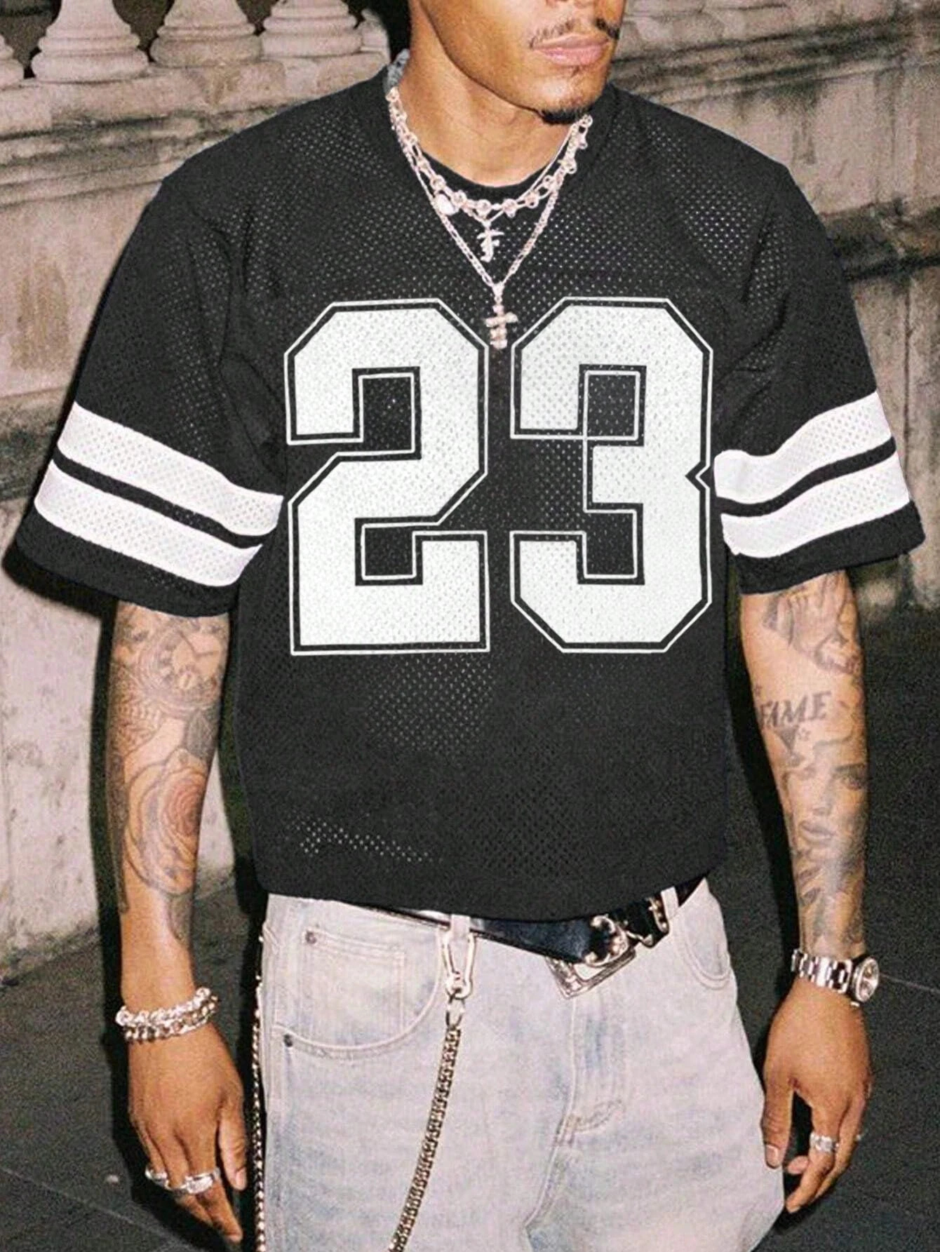 Men Summer Black White Color Block Mesh T-Shirt Number 23 Print Stripe Sleeve Jersey Tee Casual Fashion Top Trendy Y2K Style