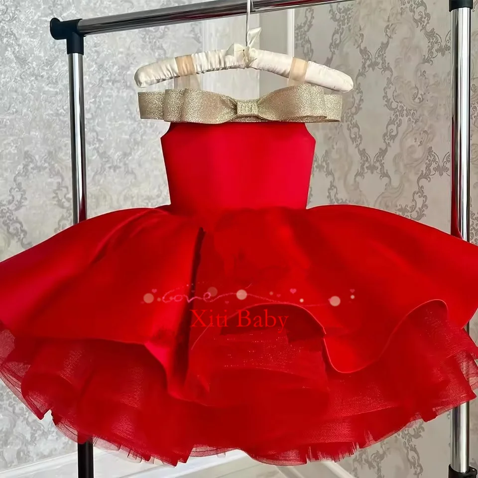 Elegant Red Flower Gir Dresses Glitter Sparkly Beads Bow Evening Party Fluffy Ball Gown First Communion Kid Toddler