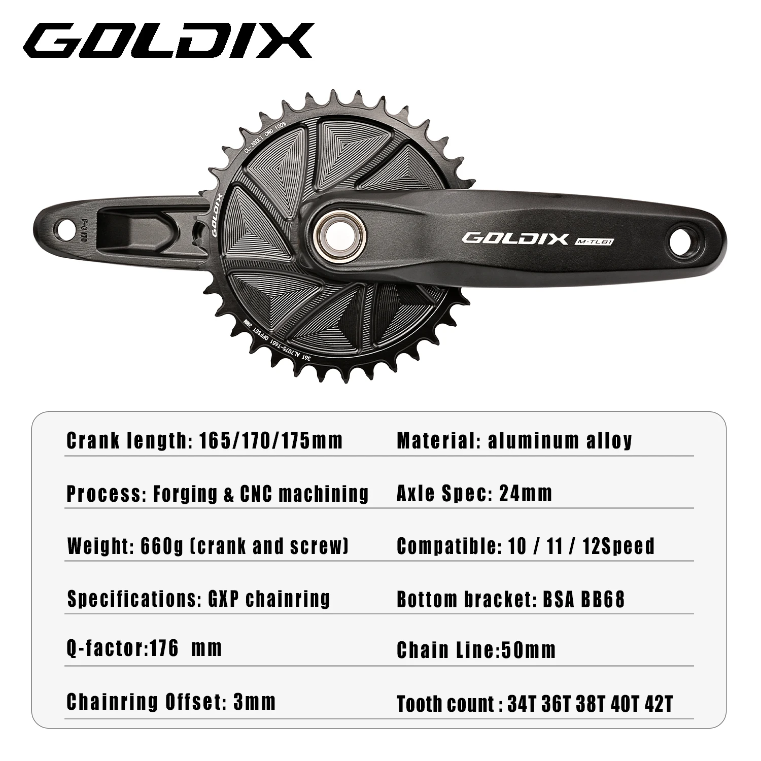 GOLDIX High-strength Bicycle Crankset 165/170/175mm Forged Alloy Crank Arm 3Bolt Direct Mount Narrow-wide Chainring For MTB Bike