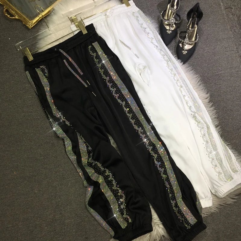 

Blingbling Shiny Hot Drilling Female Trousers Side Split Casual Sports Pants New Summer Drawstring Elastic Waist Harem Pants