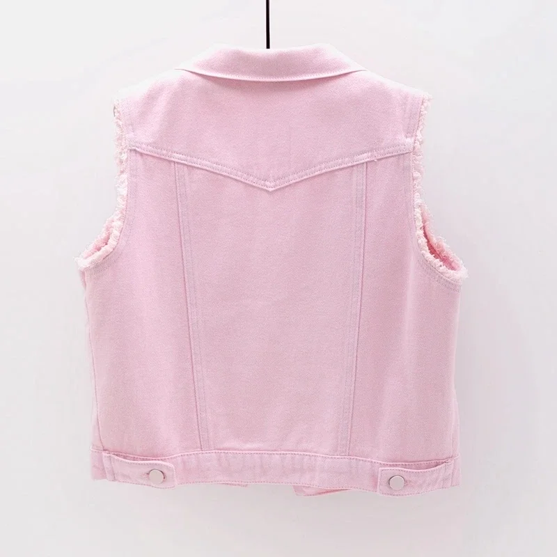 Frühling Sommer Große Tasche Denim Weste Frauen Dünne Kurze Ausgefranste Cowboy Weste Koreanische Mode Rosa Ärmellose Jeans Westen Weibliche