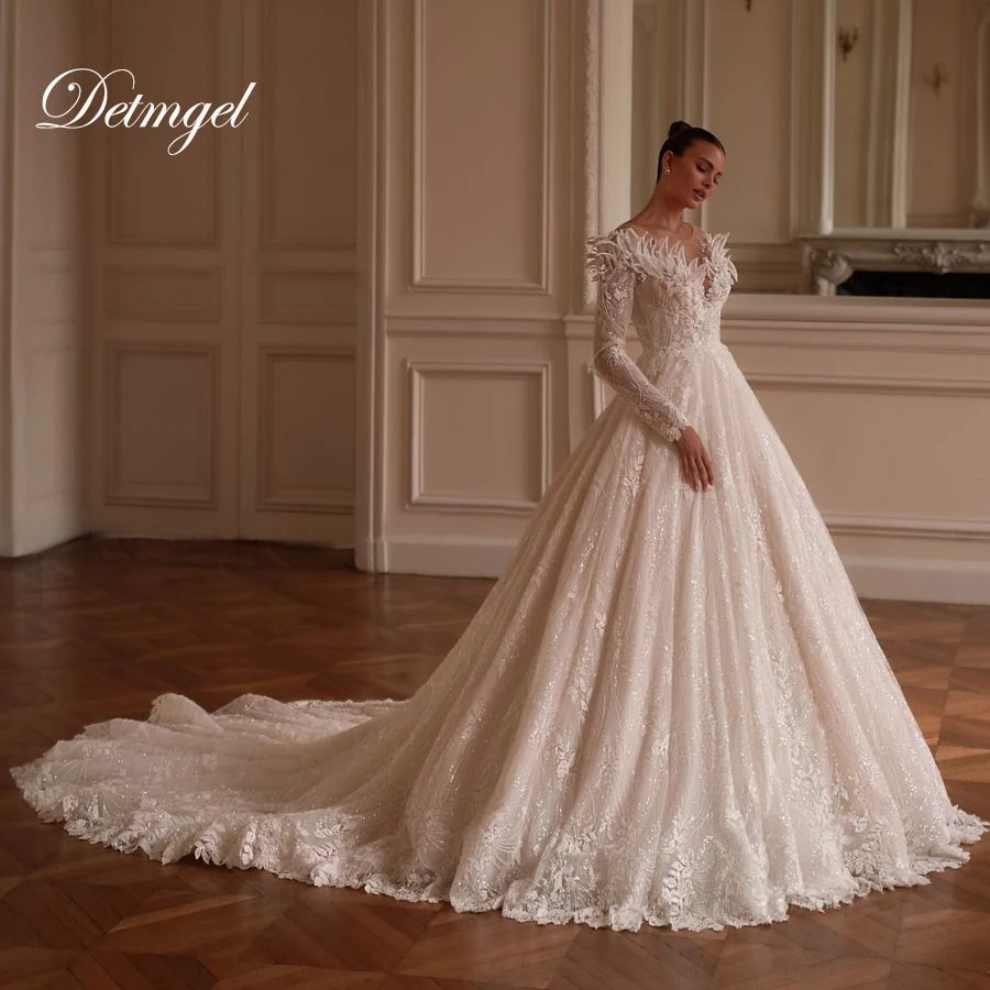 

Detmgel New Exquisite Scoop Neck A Line Wedding Dresses Luxury Lace Beading Leaf Shape Court Train Bridal Dress Customized